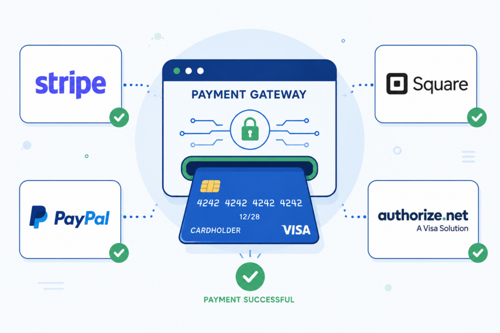 Flat design illustration of a credit card being processed through a digital gateway icon, with small logos of Stripe, Square, PayPal, and Authorize.net arranged around the edges, blue and green color scheme.