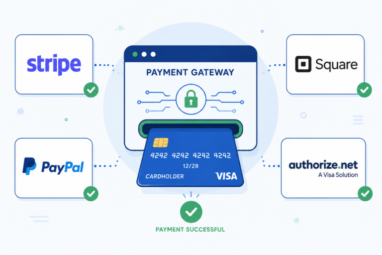 Flat design illustration of a credit card being processed through a digital gateway icon, with small logos of Stripe, Square, PayPal, and Authorize.net arranged around the edges, blue and green color scheme.