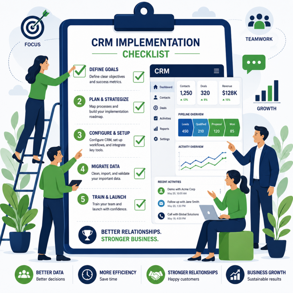 CRM implementation checklist 2026 rollout guide