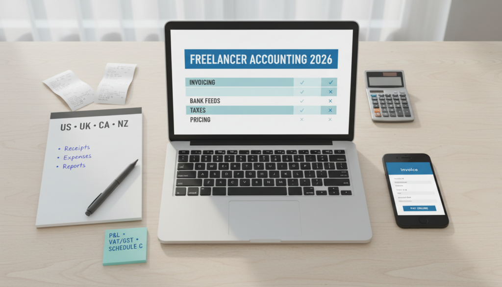 Comparison of accounting software for freelancers in 2026 with invoice, bank feeds, and tax features for US/UK/CA/NZ