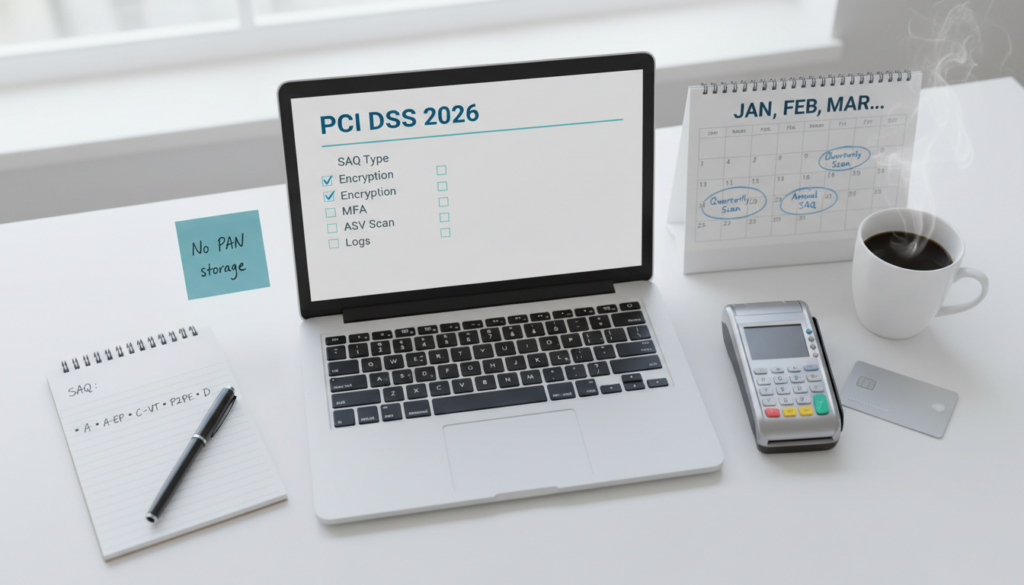 PCI DSS compliance checklist for small businesses in 2026 with SAQ types and annual calendar on a desk flat‑lay.