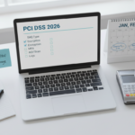 PCI DSS compliance checklist for small businesses in 2026 with SAQ types and annual calendar on a desk flat‑lay.