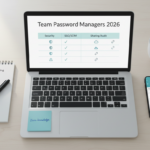 Comparison of team password managers in 2026 showing security, SSO/SCIM, sharing, and audit considerations on a desk flat‑lay.