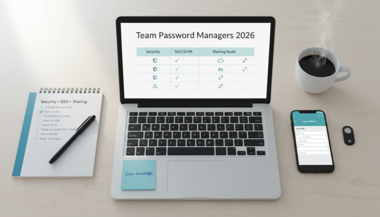 Comparison of team password managers in 2026 showing security, SSO/SCIM, sharing, and audit considerations on a desk flat‑lay.