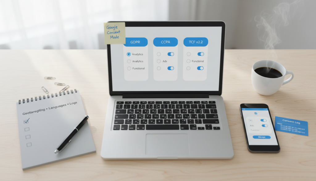 Comparison of consent management platforms in 2026 showing GDPR/CCPA, geotargeting, integrations, and UX considerations on a desk flat‑lay.
