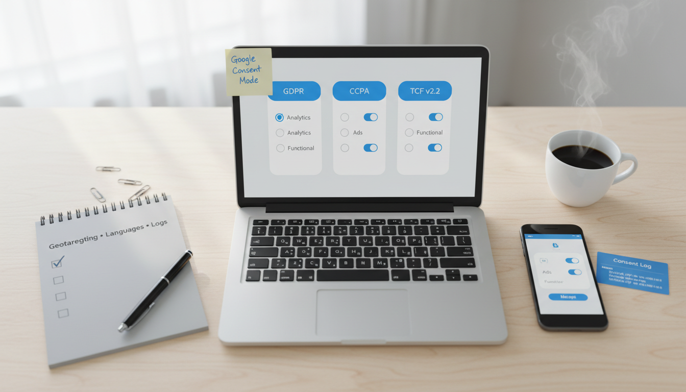 Comparison of consent management platforms in 2026 showing GDPR/CCPA, geotargeting, integrations, and UX considerations on a desk flat‑lay.