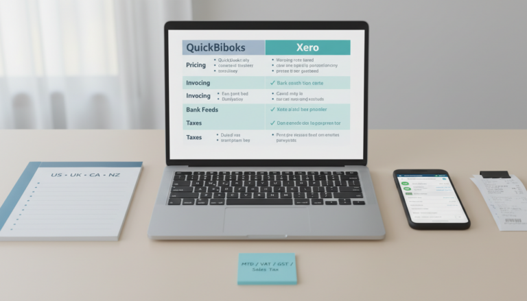 Side‑by‑side comparison of QuickBooks and Xero in 2026 showing pricing, invoicing, bank feeds, and tax support for US/UK/CA/NZ.