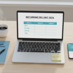 Comparison of recurring billing software in 2026 showing subscriptions, invoicing, dunning, and tax localization on a desk flat‑lay.