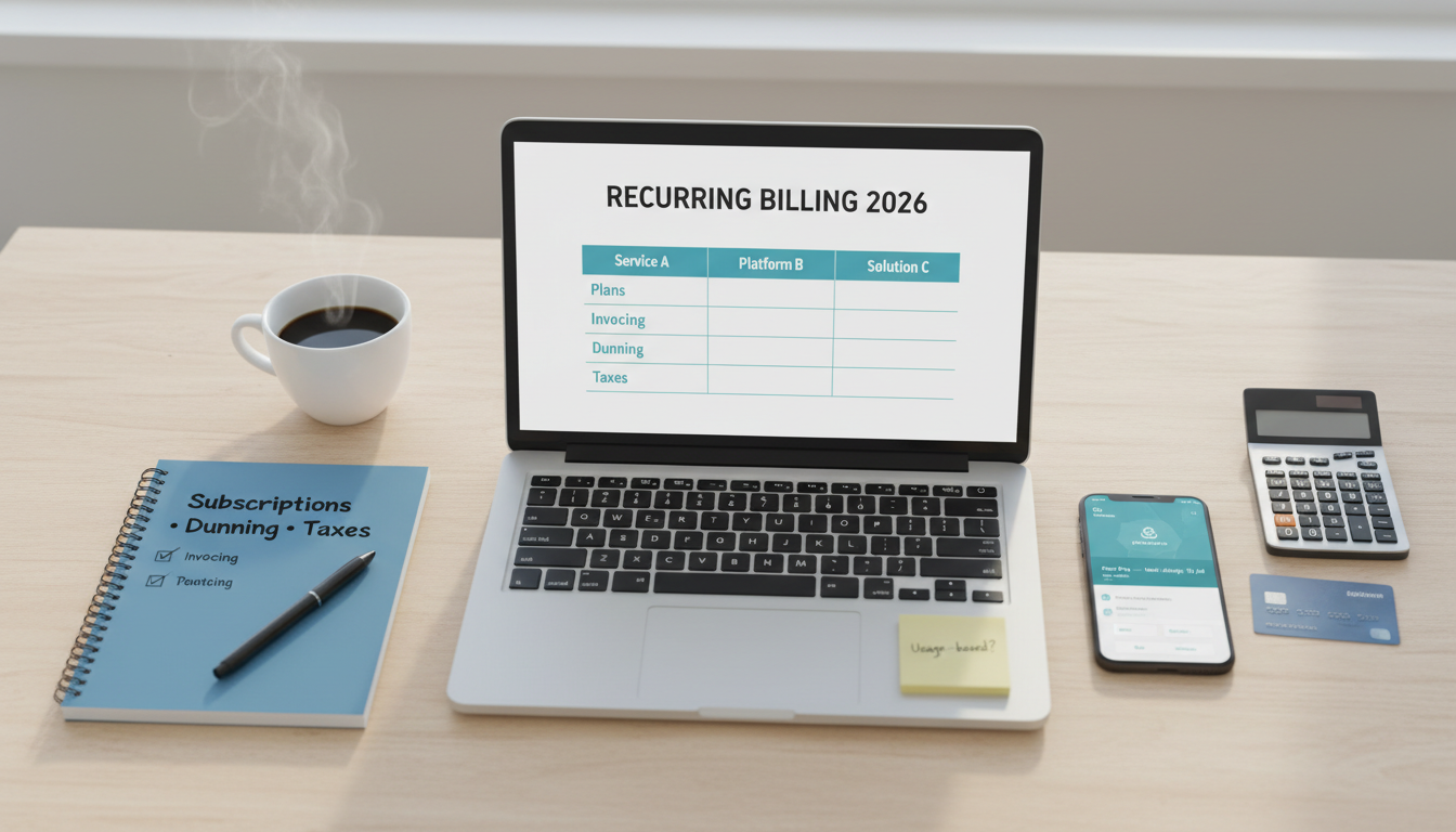 Comparison of recurring billing software in 2026 showing subscriptions, invoicing, dunning, and tax localization on a desk flat‑lay.