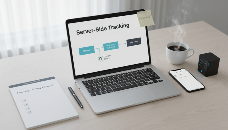 Server‑side tracking architecture for ecommerce in 2026 with consent gating, GA4/ads destinations, and data residency notes on a desk flat‑lay.