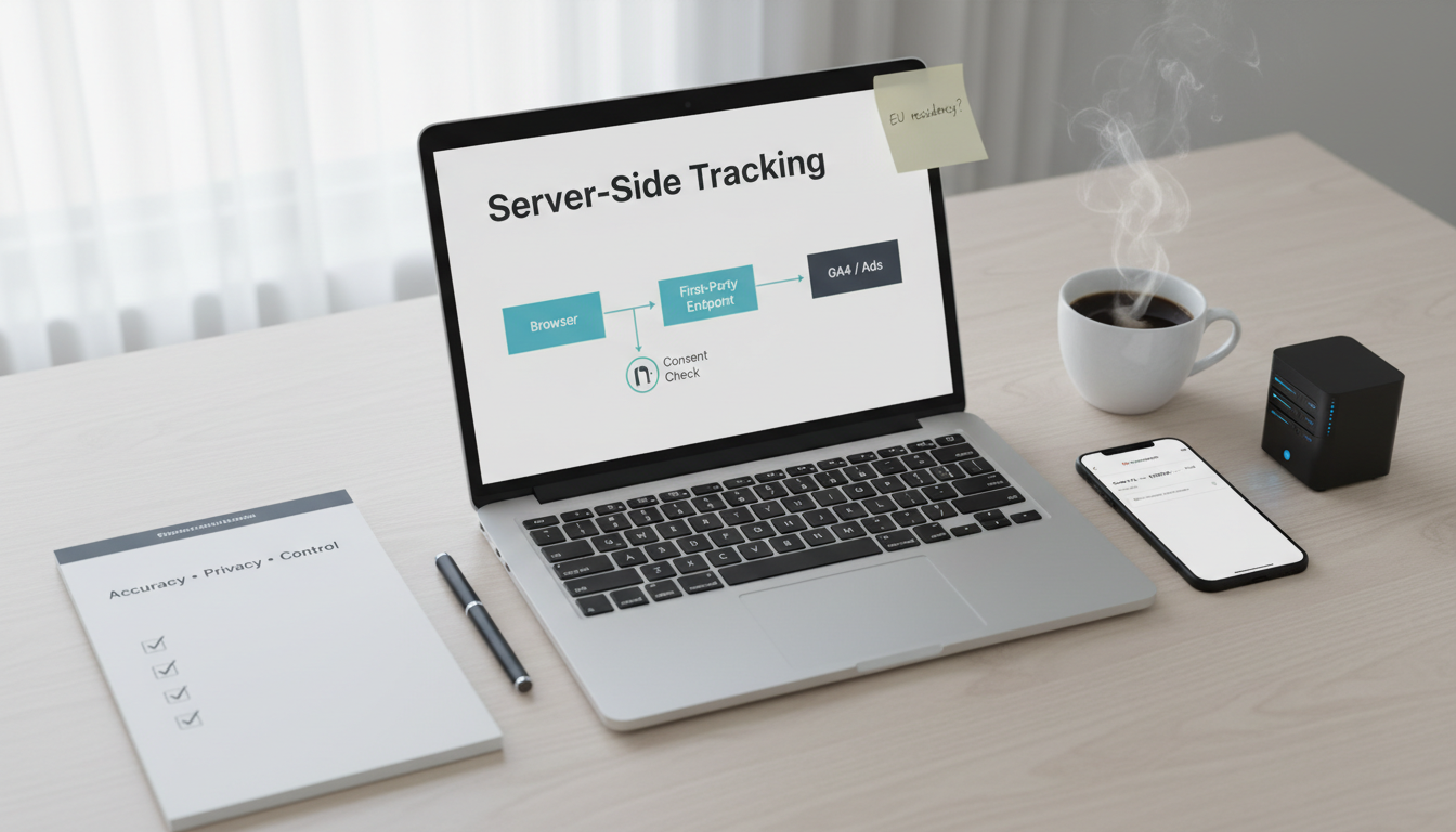 Server‑side tracking architecture for ecommerce in 2026 with consent gating, GA4/ads destinations, and data residency notes on a desk flat‑lay.