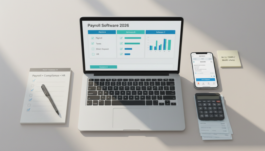 Comparison of payroll software for small businesses in 2026 showing payroll automation, tax filing, direct deposit, and HR features on a desk flat-lay.