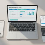 Comparison of payroll software for small businesses in 2026 showing payroll automation, tax filing, direct deposit, and HR features on a desk flat-lay.
