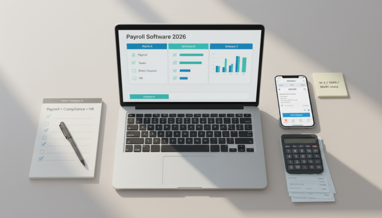 Comparison of payroll software for small businesses in 2026 showing payroll automation, tax filing, direct deposit, and HR features on a desk flat-lay.