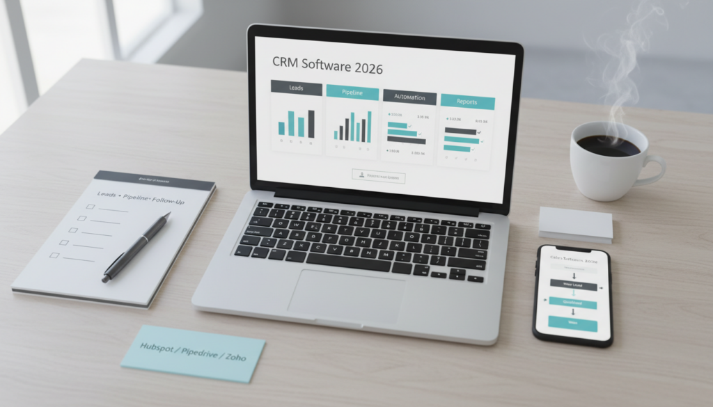 Comparison of CRM software for small businesses in 2026 showing lead management, pipeline tracking, automation, and reporting on a desk flat-lay.