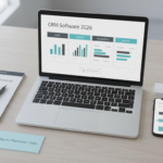 Comparison of CRM software for small businesses in 2026 showing lead management, pipeline tracking, automation, and reporting on a desk flat-lay.