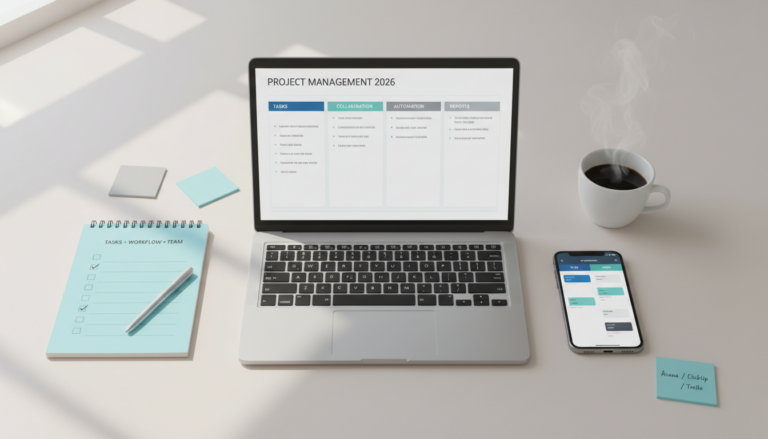 Comparison of project management software for small teams in 2026 showing task tracking, collaboration, automations, and reporting on a desk flat-lay.