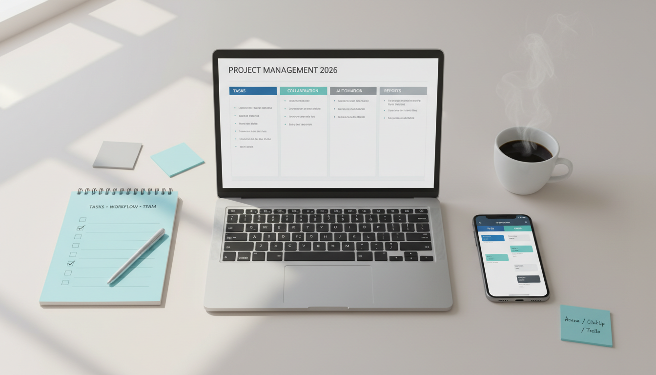Comparison of project management software for small teams in 2026 showing task tracking, collaboration, automations, and reporting on a desk flat-lay.