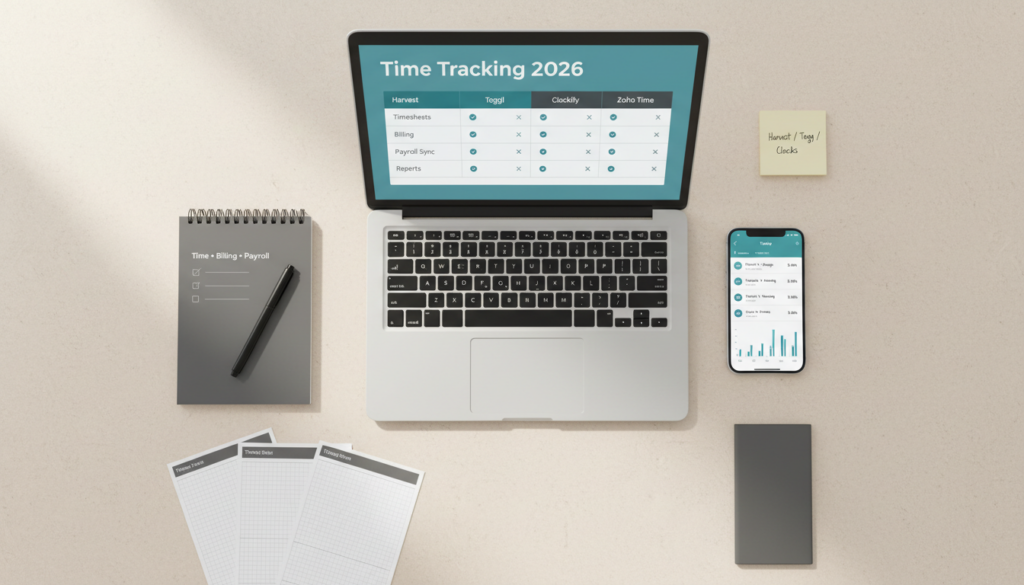 Comparison of time tracking software for small businesses in 2026 showing timesheets, billing, payroll sync, and reporting on a desk flat-lay