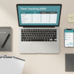 Comparison of time tracking software for small businesses in 2026 showing timesheets, billing, payroll sync, and reporting on a desk flat-lay