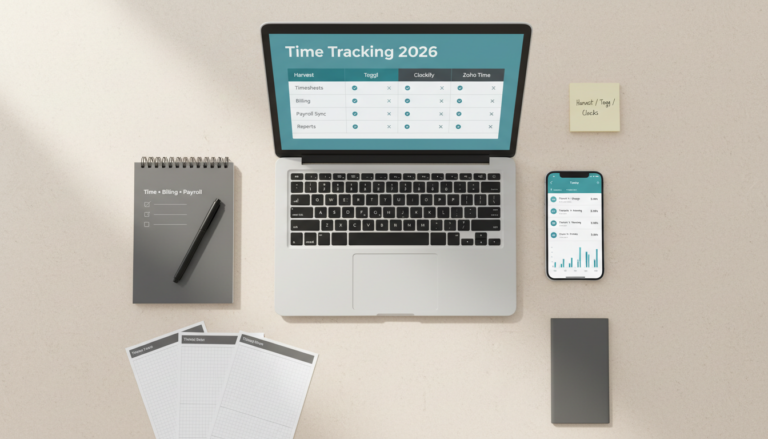 Comparison of time tracking software for small businesses in 2026 showing timesheets, billing, payroll sync, and reporting on a desk flat-lay