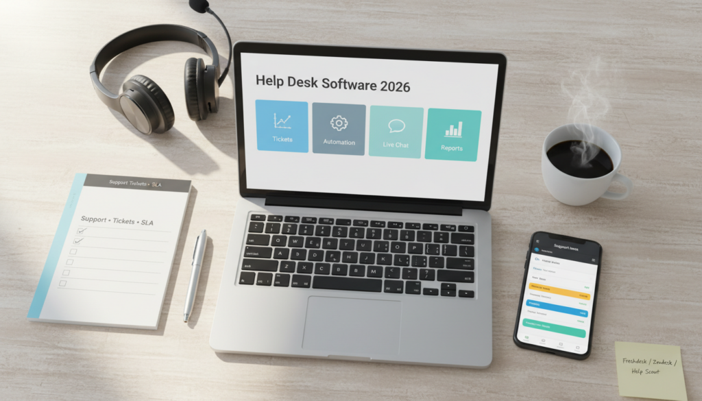 Comparison of help desk software for small businesses in 2026 showing ticketing, automation, live chat, and reporting on a desk flat-lay.