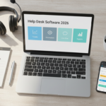 Comparison of help desk software for small businesses in 2026 showing ticketing, automation, live chat, and reporting on a desk flat-lay.