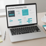 Comparison of employee scheduling software for small businesses in 2026 showing shift planning, availability, labor control, and team communication on a desk flat-lay.
