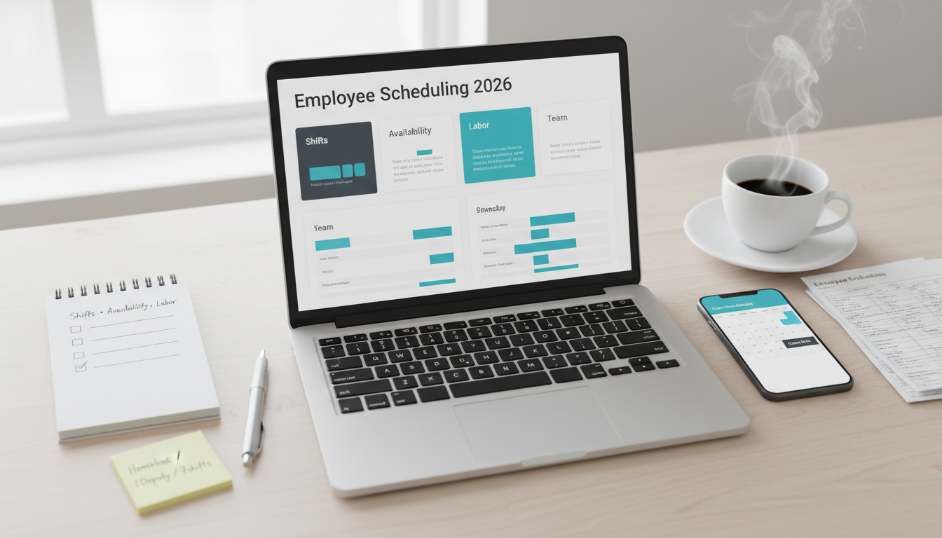 Comparison of employee scheduling software for small businesses in 2026 showing shift planning, availability, labor control, and team communication on a desk flat-lay.