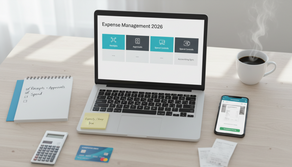 Comparison of expense management software for small businesses in 2026 showing receipts, reimbursements, spend controls, and accounting sync on a desk flat-lay.