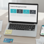 Comparison of expense management software for small businesses in 2026 showing receipts, reimbursements, spend controls, and accounting sync on a desk flat-lay.