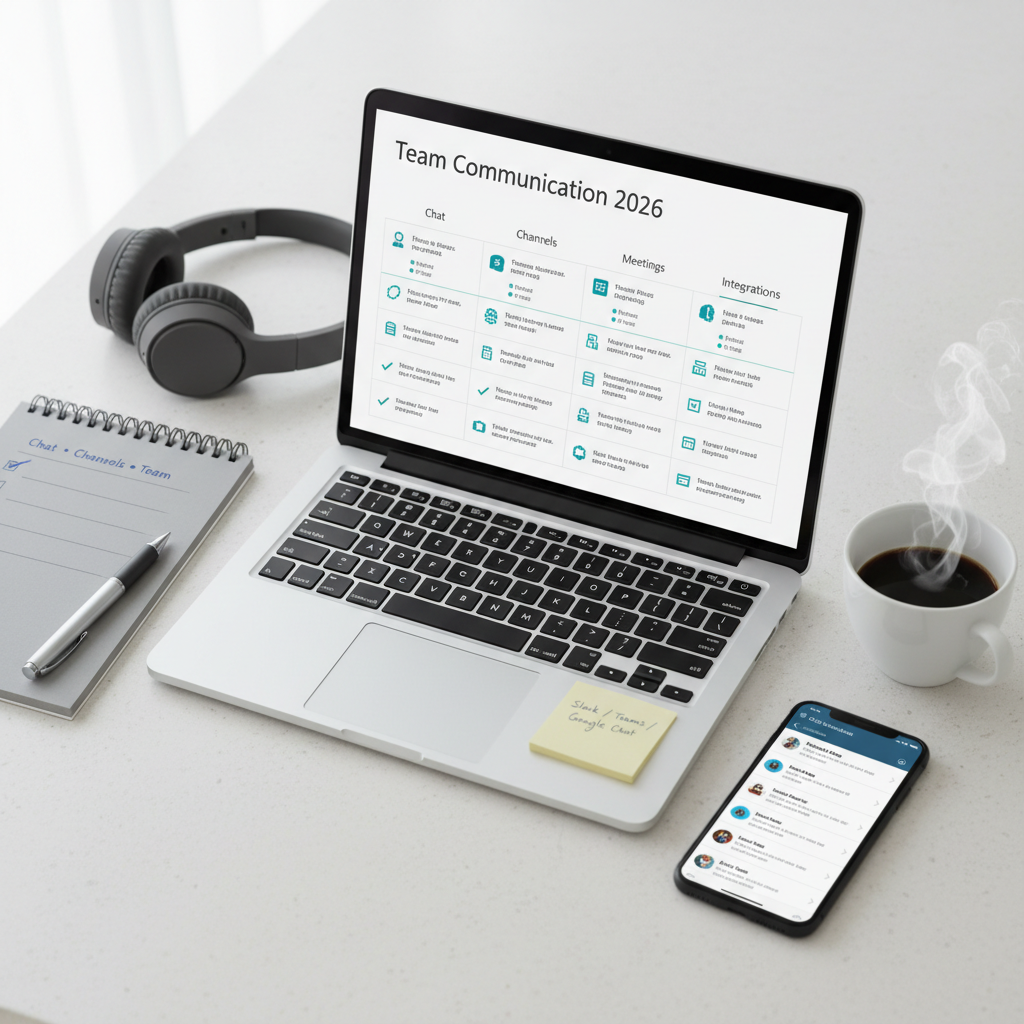 Comparison of team communication software for small businesses in 2026 showing chat, channels, meetings, integrations, and team collaboration on a desk flat-lay.